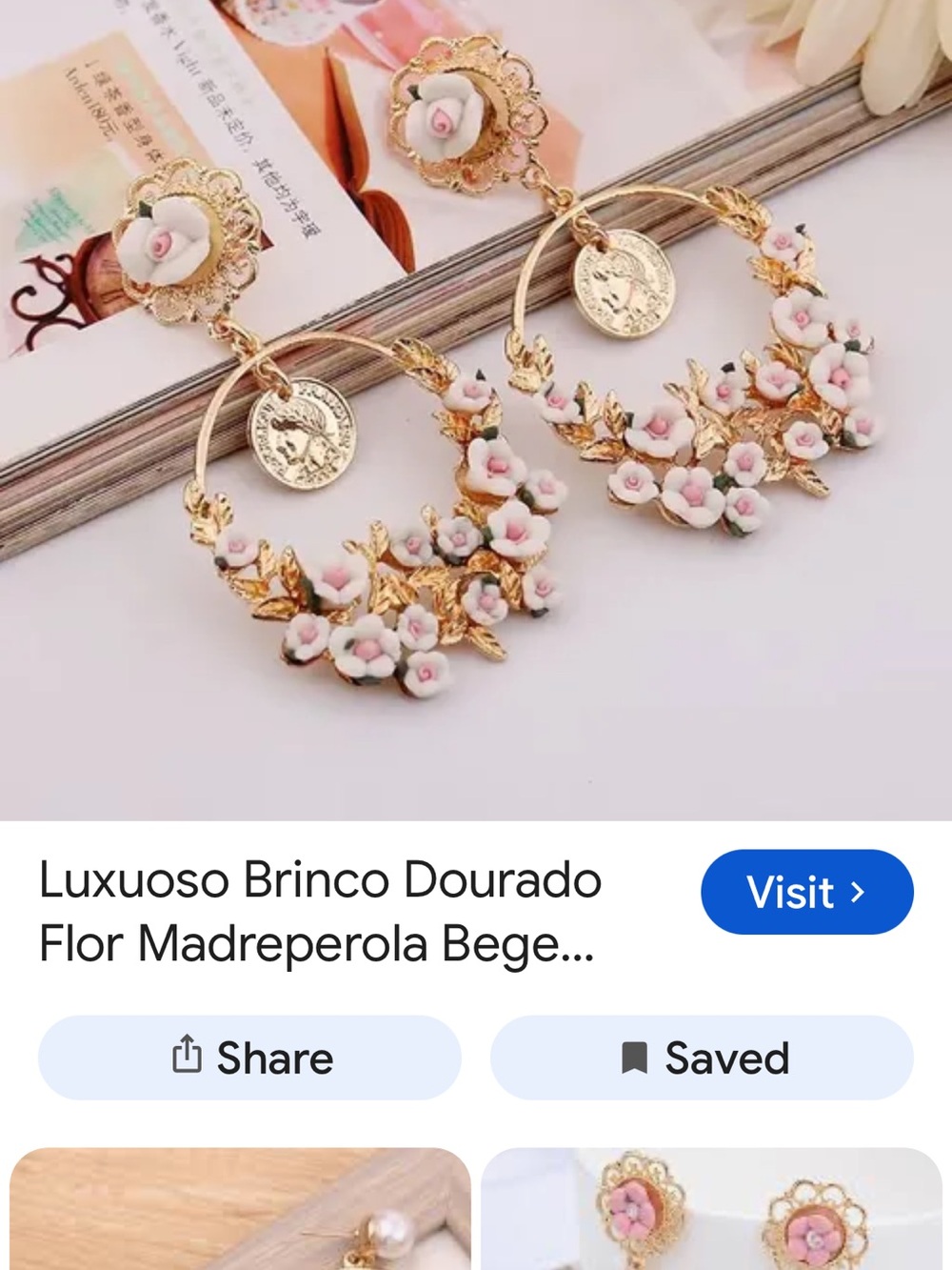 Floral Drop Earrings in Gold & White Like New